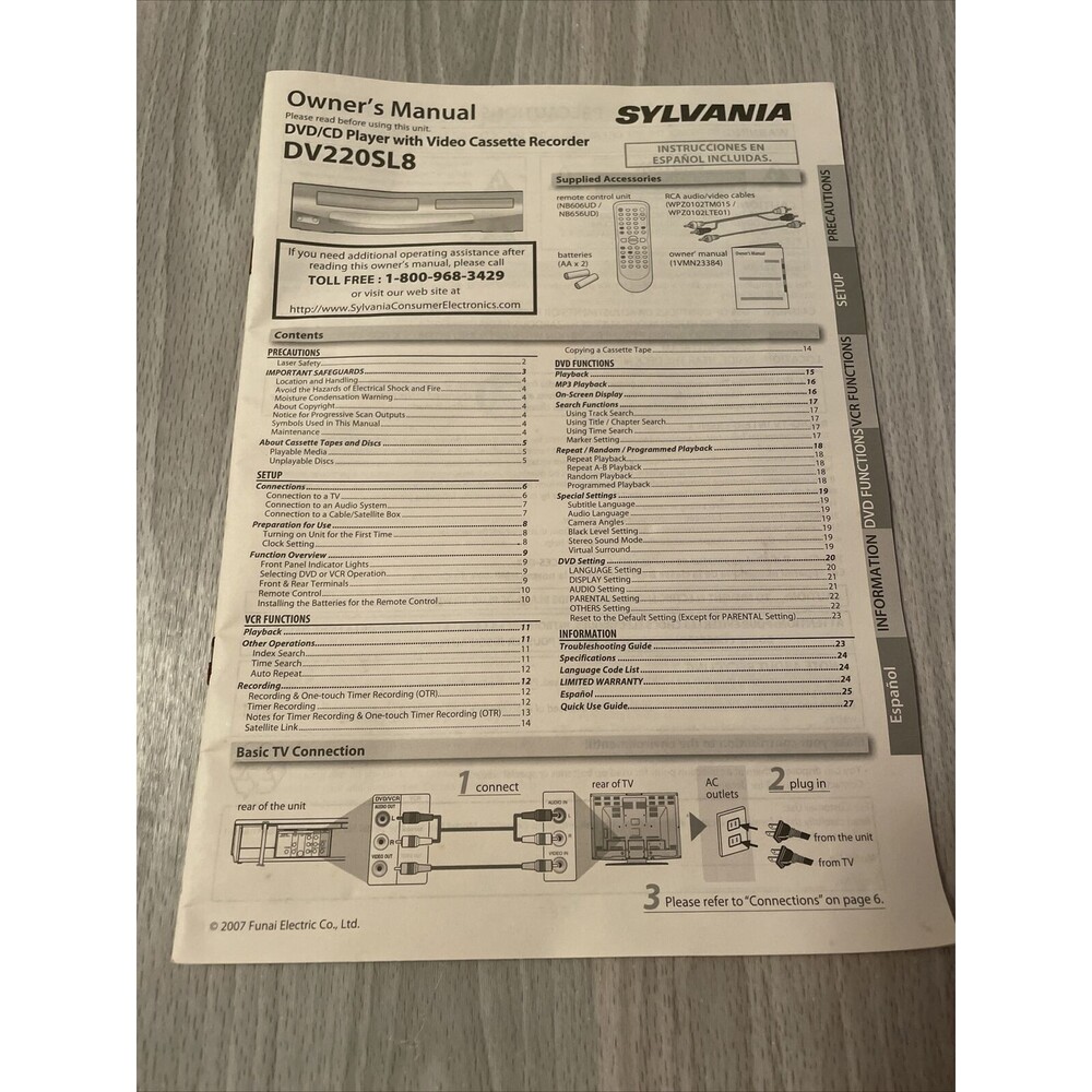 Sylvania DV220SL8 DVD/ CD Player With VCR Owners Manual And AV Cables ONLY